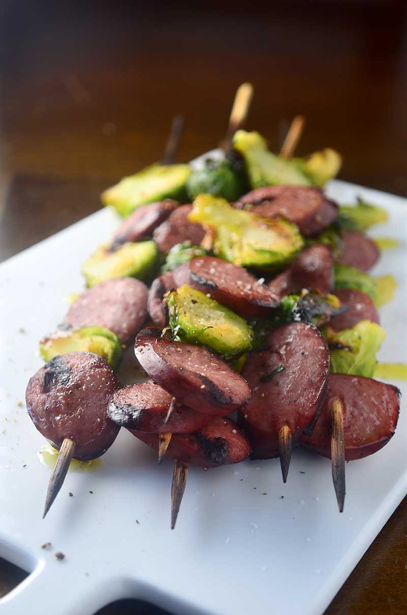 Grilled Brussels Sprouts and Kielbasa Kebabs - Life's Ambrosia