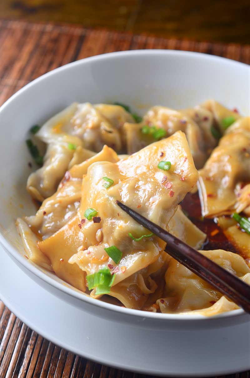 Shrimp and Pork Wontons in Spicy Sauce - Life's Ambrosia