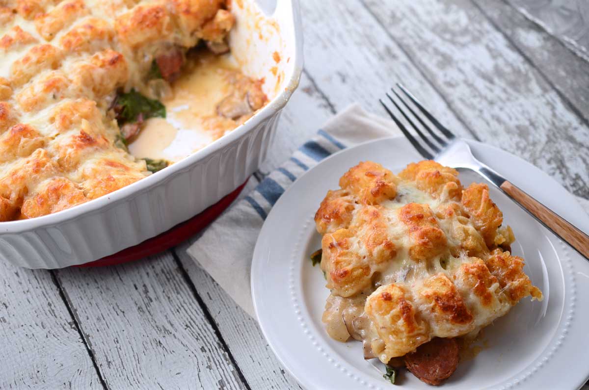 Andouille and Chard Tater Tot Casserole Life's Ambrosia