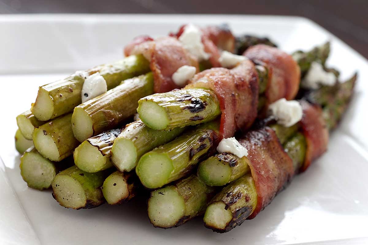 Bacon Wrapped Asparagus with Goat Cheese Crumbles Life's Ambrosia