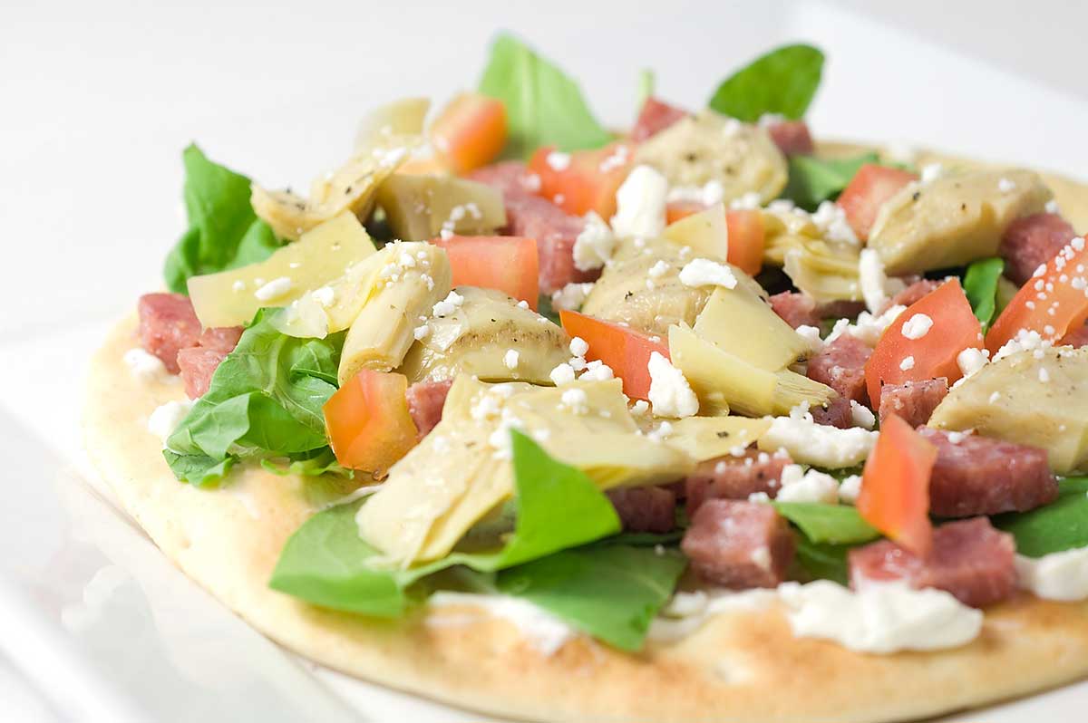 Flat Bread Pizza with Salami and Arugula Life's Ambrosia
