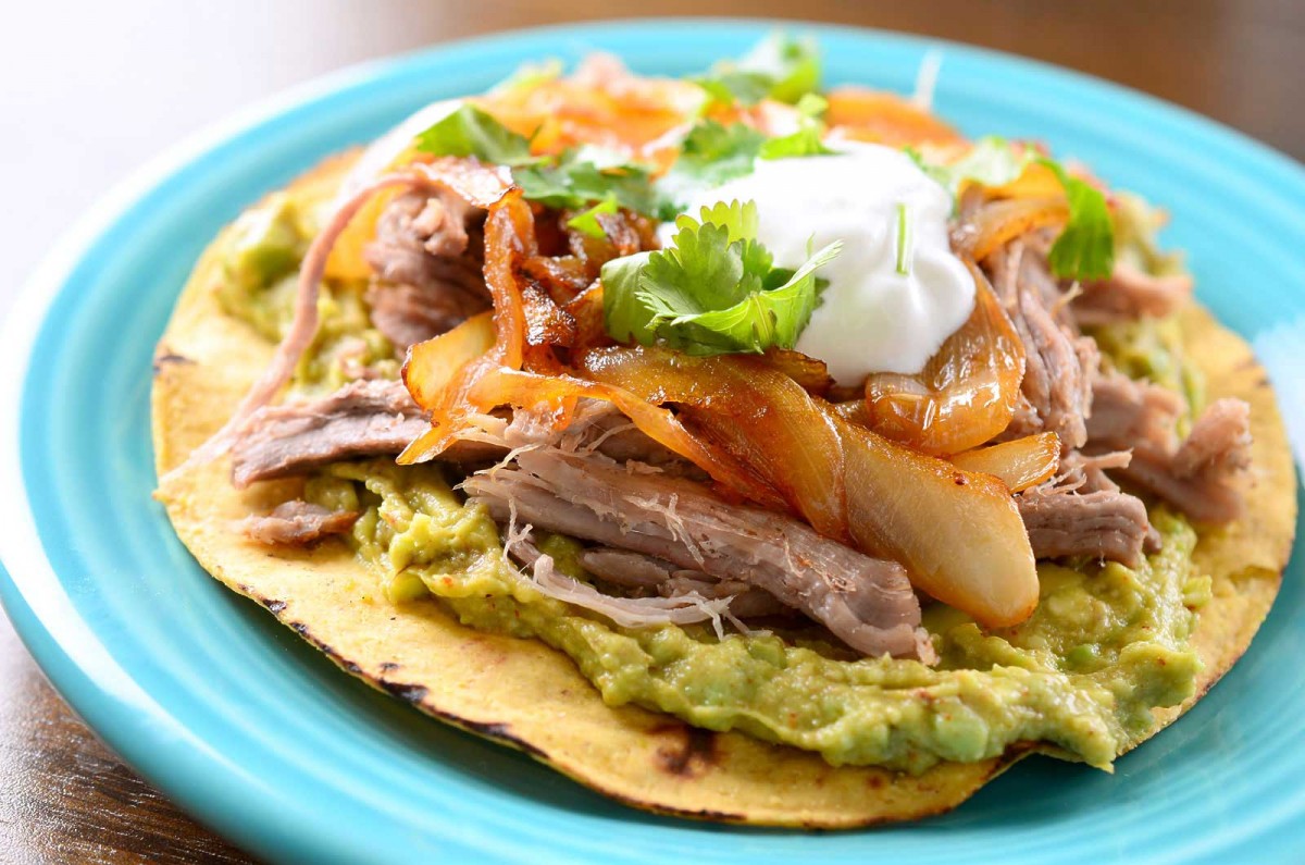 Pulled Pork Tostada with Chipotle Caramelized Onions Life's Ambrosia